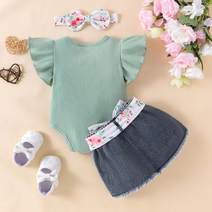 Baby Girl Clothes Newborn Romper Ruffle Sleeve Short Jeans Skirt with Headband Infant Outfits Set 0-18 Months