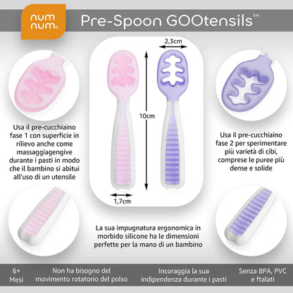 NumNum Baby Spoons Set, Baby Essentials Pre-Spoon GOOtensils for 6+ Months, First Stage Self-Feeding Spoons for Baby Led Weaning (BLW), Silicone Toddler Utensils, BPA-Free, 2 Pack Frosty Lilac/Rosebud