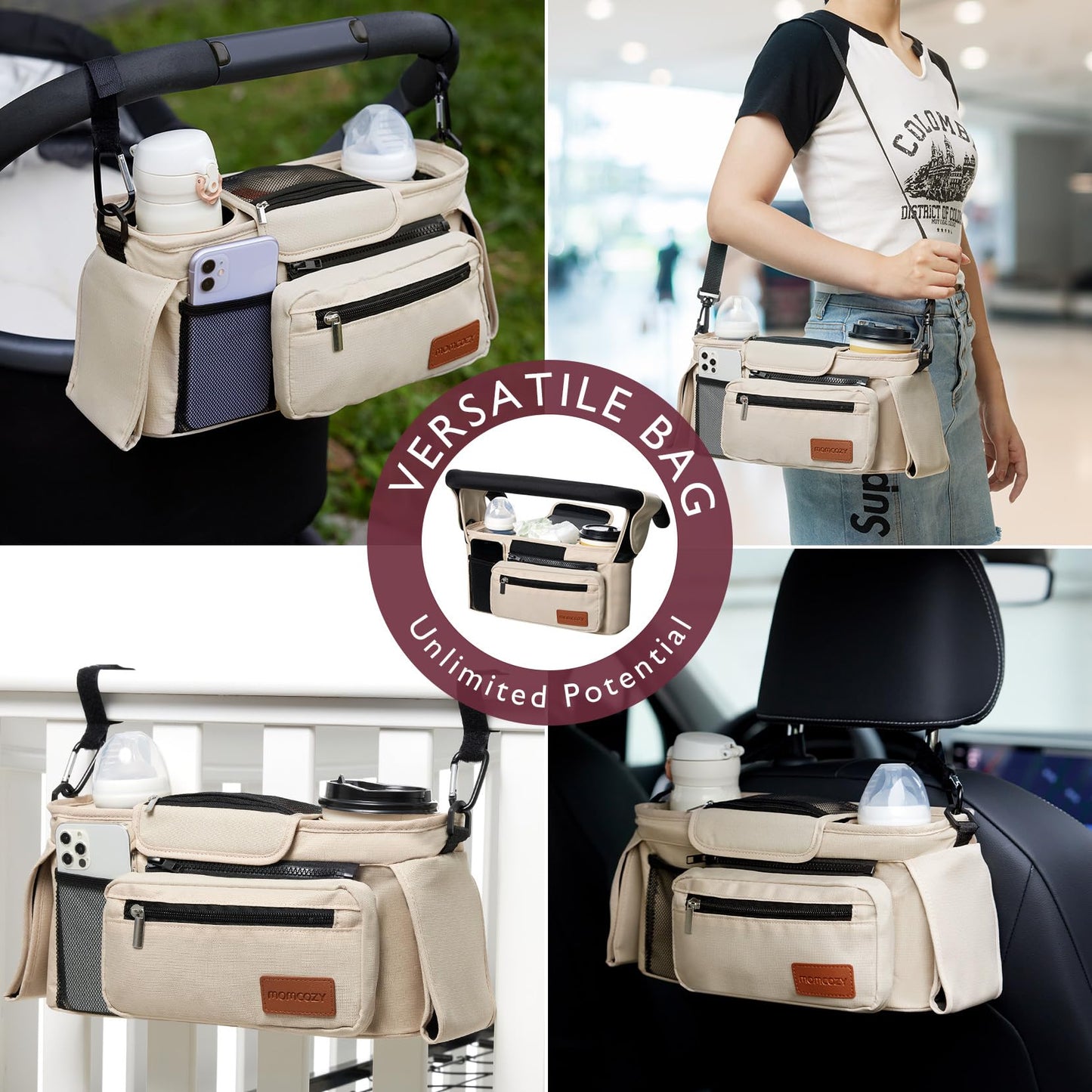 Momcozy Universal Stroller Organizer, 2 Insulated Cup Holders, Removable Zip Pocket, Adjustable Straps, Large Capacity Baby Essentials Compact Design, Fits Any Stroller (Multicolor)