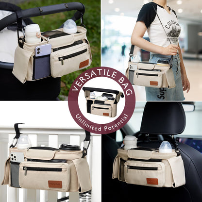 Momcozy Universal Stroller Organizer, 2 Insulated Cup Holders, Removable Zip Pocket, Adjustable Straps, Large Capacity Baby Essentials Compact Design, Fits Any Stroller (Multicolor)