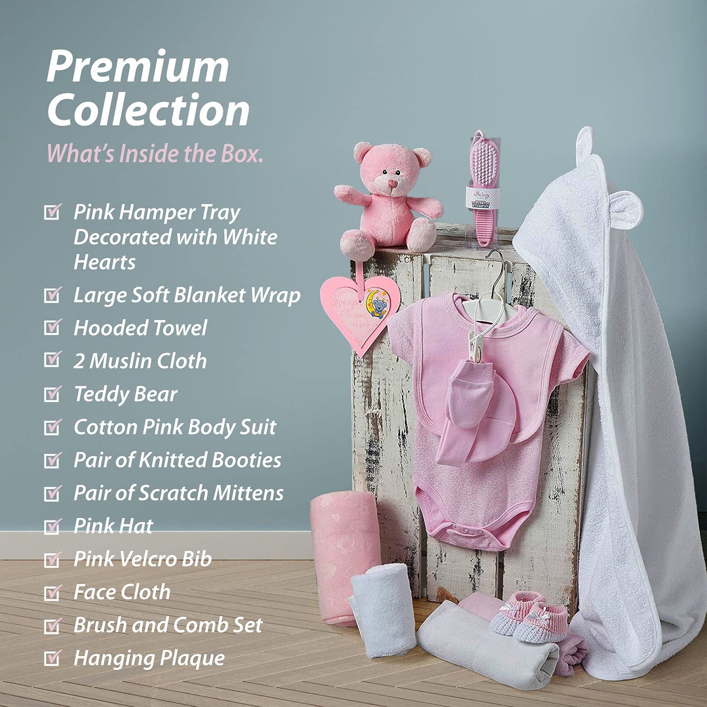 Baby Box Shop - Baby Shower Gifts for Girls - 14 Girl Newborn Essentials Girl Gifts, Includes Teddy Bear, Bodysuit, Bib, Mittens, Hat, Towel - Basket Gifts for Newborn Girl - Pink