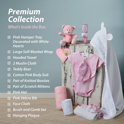 Baby Box Shop - Baby Shower Gifts for Girls - 14 Girl Newborn Essentials Girl Gifts, Includes Teddy Bear, Bodysuit, Bib, Mittens, Hat, Towel - Basket Gifts for Newborn Girl - Pink