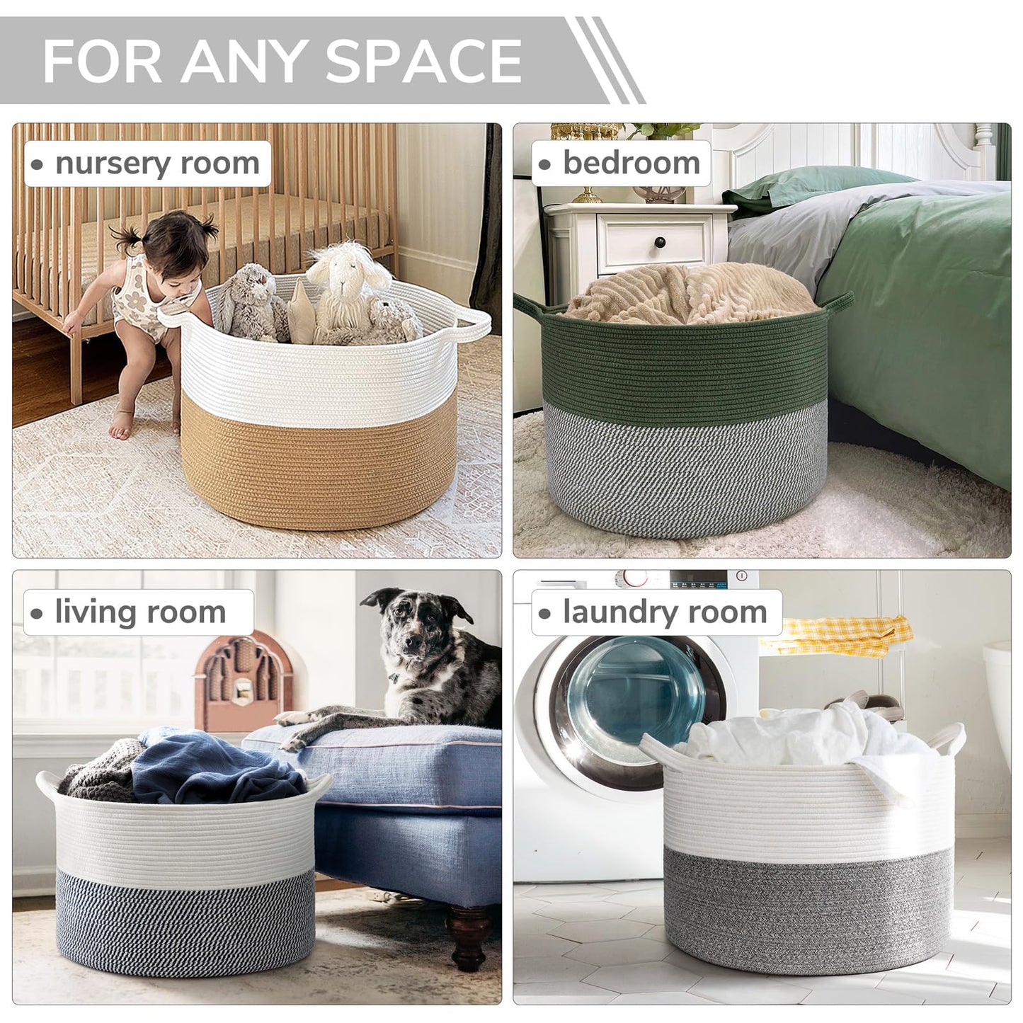 INDRESSME XXXLarge Cotton Rope Basket 21.7" x 21.7" x 13.8" Woven Baby Laundry Blanket Basket Toy Baskets with Handle Storage Comforter Cushions Thread Laundry Hamper