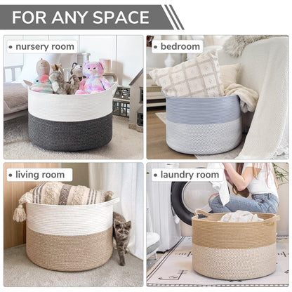INDRESSME XXXLarge Cotton Rope Basket 21.7" x 21.7" x 13.8" Woven Baby Laundry Blanket Basket Toy Baskets with Handle Storage Comforter Cushions Thread Laundry Hamper