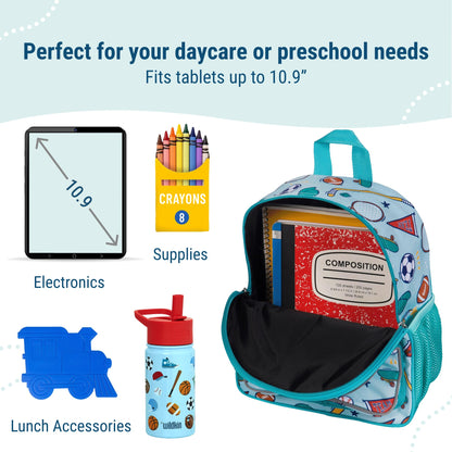 Wildkin 12-inch Kids Backpack – Padded, Adjustable, Ideal for Daycare & Travel - Trains, Planes, and Trucks