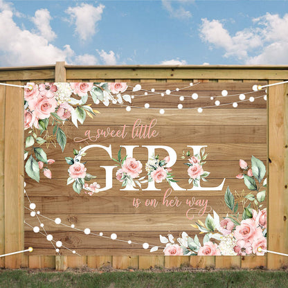 Avezano Rustic Girl Baby Shower Banner A Sweet Little Girl is on Her Way Baby Shower Party Decorations Pink Floral Girl Banner Photo Booth Studio Props 70.8 x 43.3 inch