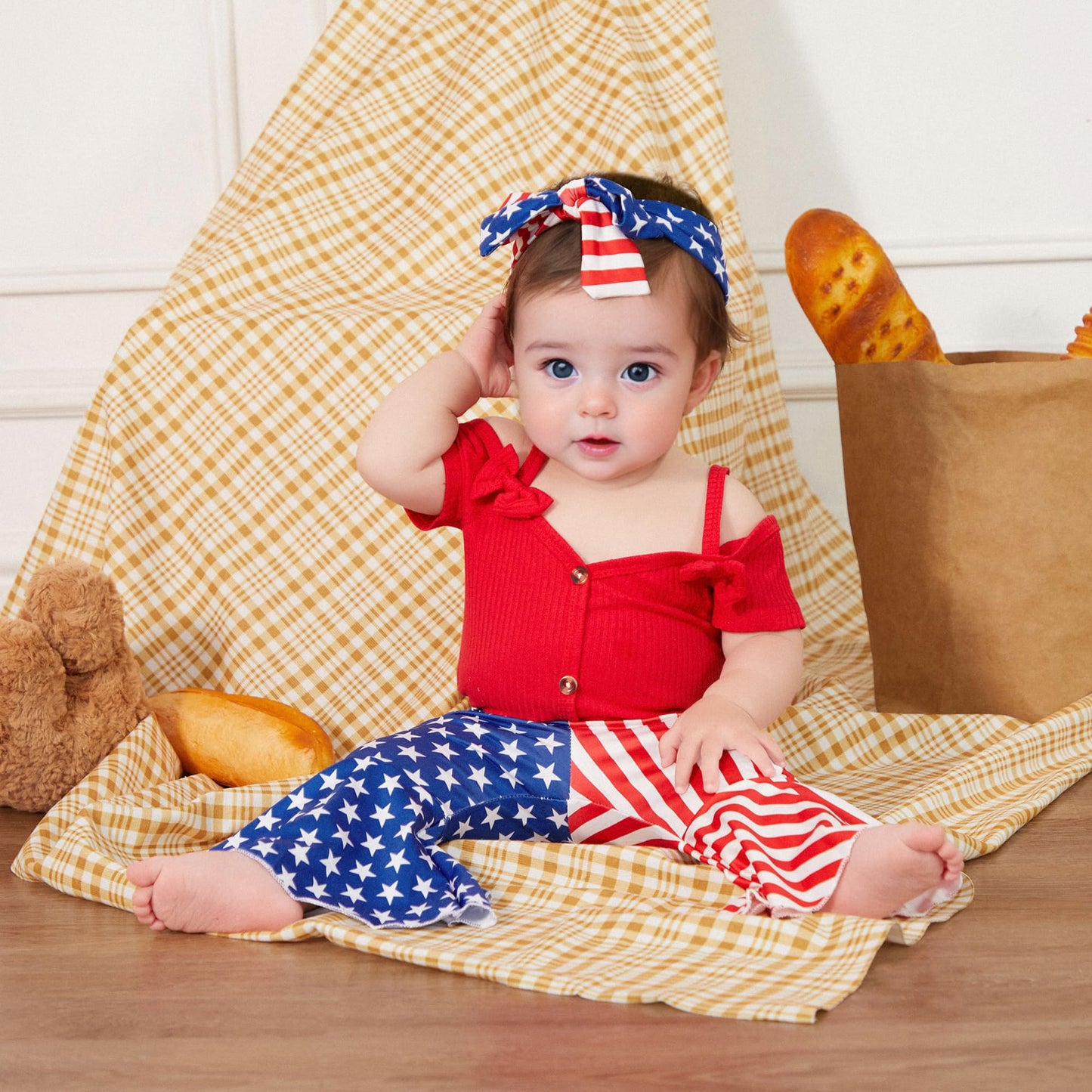 Fernvia Infant Baby Girl Clothes Suspenders Short Sleeve Ribbed Romper Flared Pants Set Headband 3pcs Summer Outfit