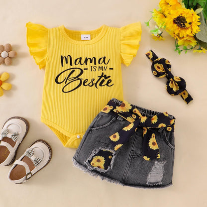 Baby Girl Clothes Newborn Romper Ruffle Sleeve Short Jeans Skirt with Headband Infant Outfits Set 0-18 Months