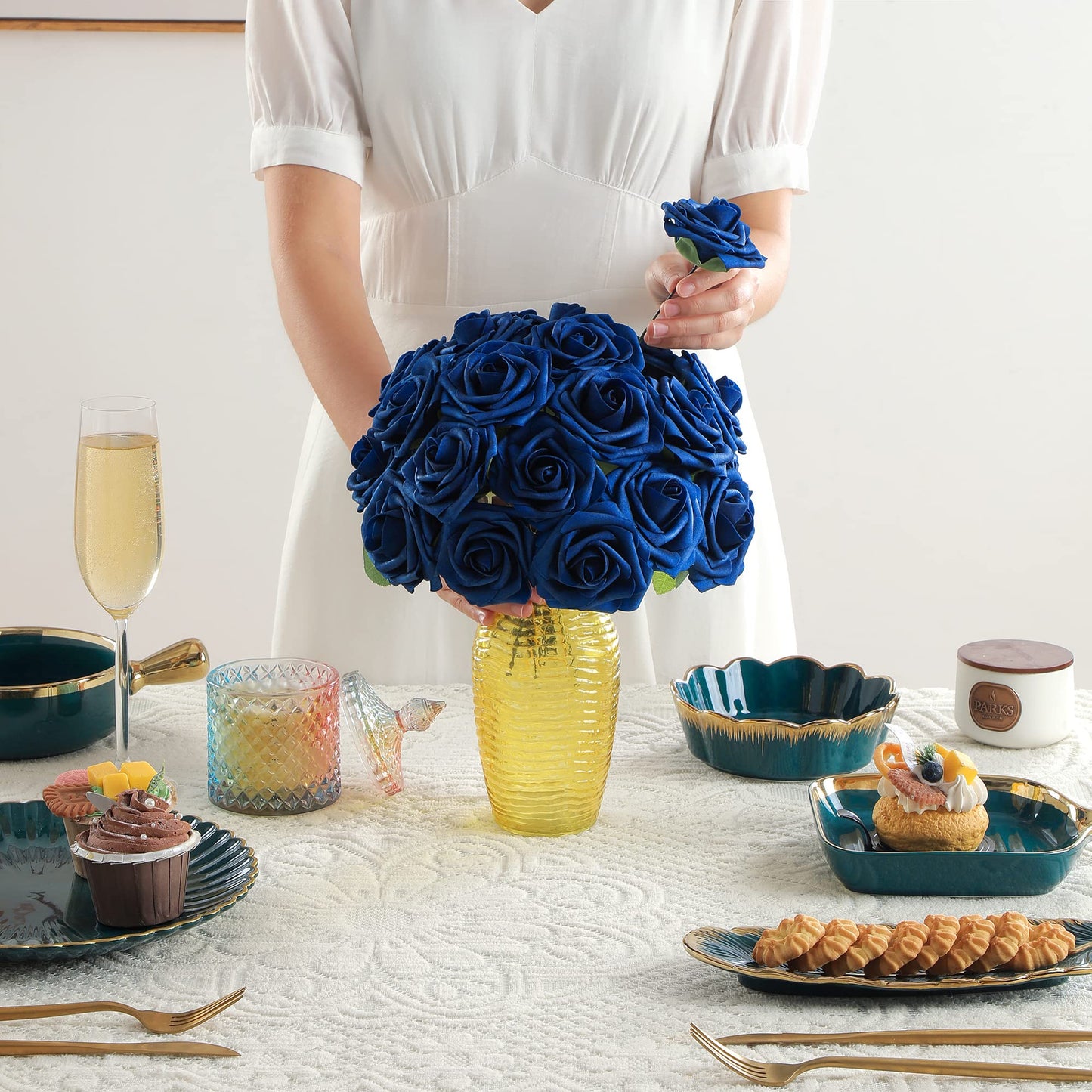 Artificial Flowers Combo, Fake Flowers for DIY Tables Centerpieces Baby Shower Bridal Shower Wedding Bouquet Arrangements Party Candle Holder Cake Decor Flower Home Decorations