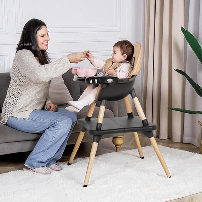 High Chair for Babies & Toddlers, Convertible Wooden 6 in 1 Baby Highchair, Table and Chair Set, Building Block Table, 5-Point Adjustable Seat Belts, 4-Position Removable Tray& PU Seat Cushion (Black)
