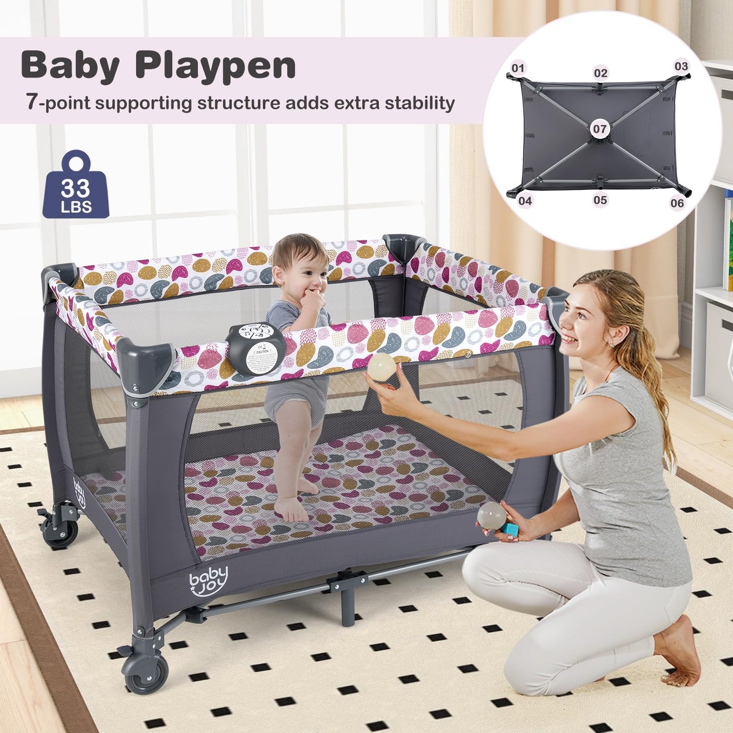 BABY JOY 5 in 1 Pack and Play, Portable Baby Playard w/Bassinet & Diaper Changing Table, Infant Pink Bassinet Crib with Toys & Music & Oxford Bag for Baby Girl Toddlers (Pink + Purple, Starry Sky)