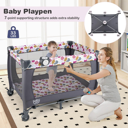 BABY JOY 5 in 1 Pack and Play, Portable Baby Playard w/Bassinet & Diaper Changing Table, Infant Pink Bassinet Crib with Toys & Music & Oxford Bag for Baby Girl Toddlers (Pink + Purple, Starry Sky)