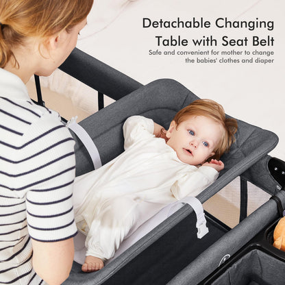 ANGELBLISS 5 in 1 Baby Bassinet, Bedside Crib & Playpen, Pack and Play Bassinet with Diaper Changer and Removable Rocker, Easy Folding Portable Crib with Mobile, Sheet & Mattress (Grey)