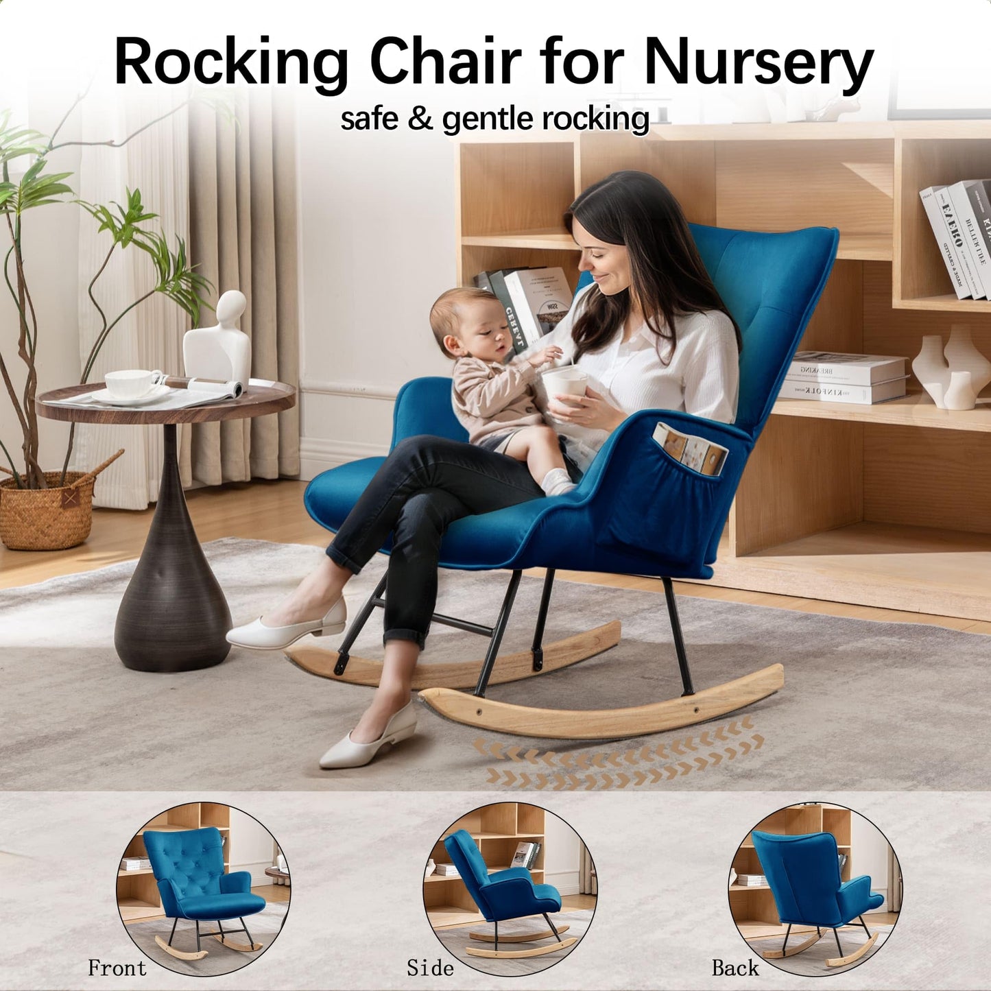 Rocking Chair for Nursery, Comfy Velvet Fabric Glider Rocker, Reading Chair with Support Seating and Side Pockets, Rocking Recliner Chair for Living Room, Bedroom, Balcony, Creamy Beige