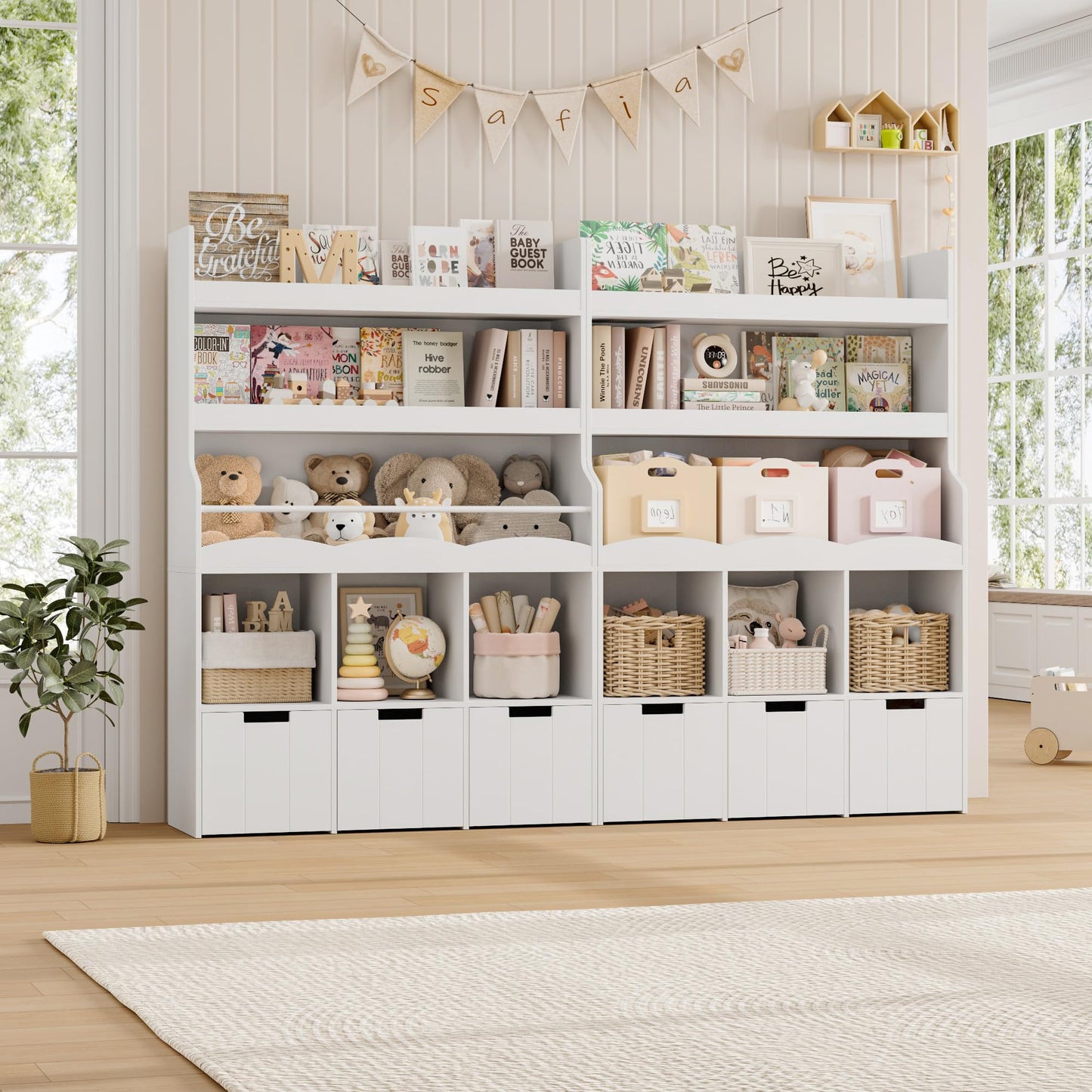 HITHOS 55.3" H Kids Bookshelf with Toy Storage Organizer, Tall Book Shelf with 3 Movable Toy Storage Bins, Large Kids Bookcase with Toy Chest, 39.2" W Modern Toy Box for Kids Room, Playroom, White