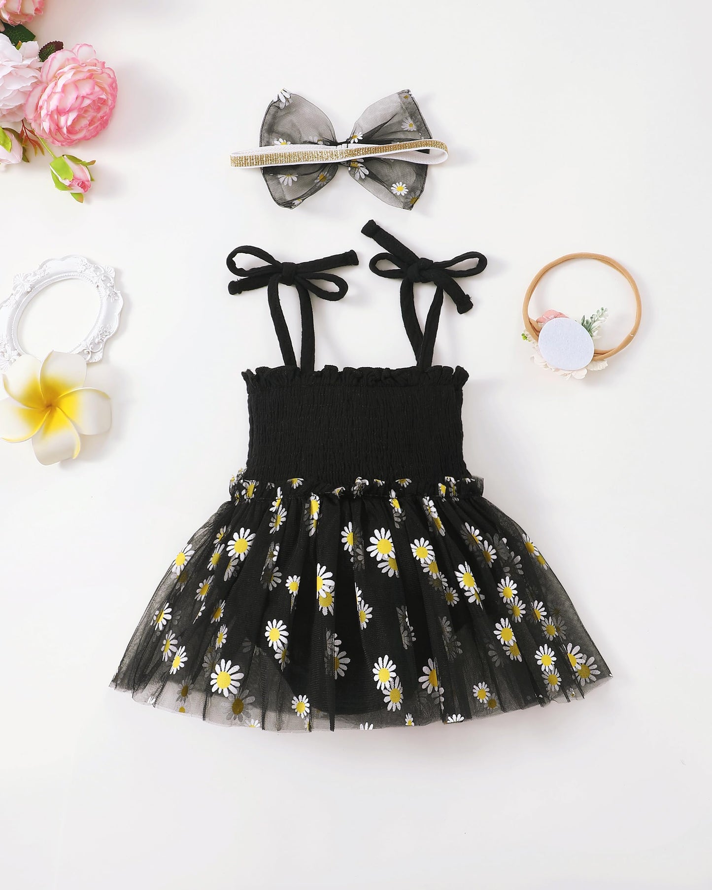Renotemy Baby Girl Tulle Dress Sleeveless Romper Smocked Halter 1st Birthday Clothes Cake Smash Outfits with Flower Headband