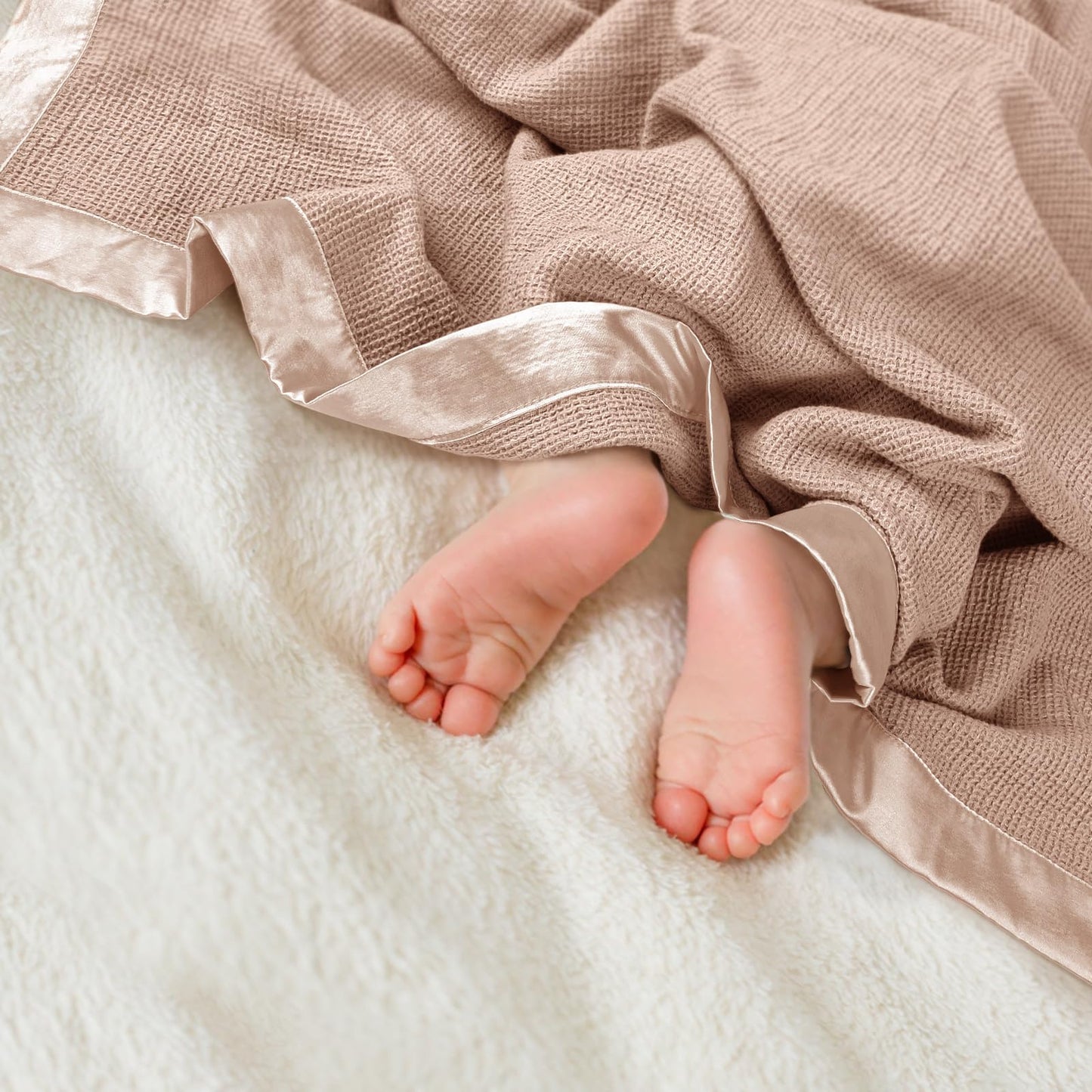 Swaddle Baby Blanket: Waffle Blanket with Satin Strim - Soft Breathable Toddler Blanket for Nursing Cover - Cotton Crib Blanket for Naptime（Cream）