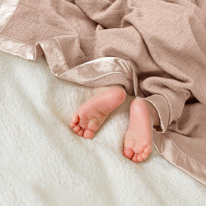 Swaddle Baby Blanket: Waffle Blanket with Satin Strim - Soft Breathable Toddler Blanket for Nursing Cover - Cotton Crib Blanket for Naptime（Cream）