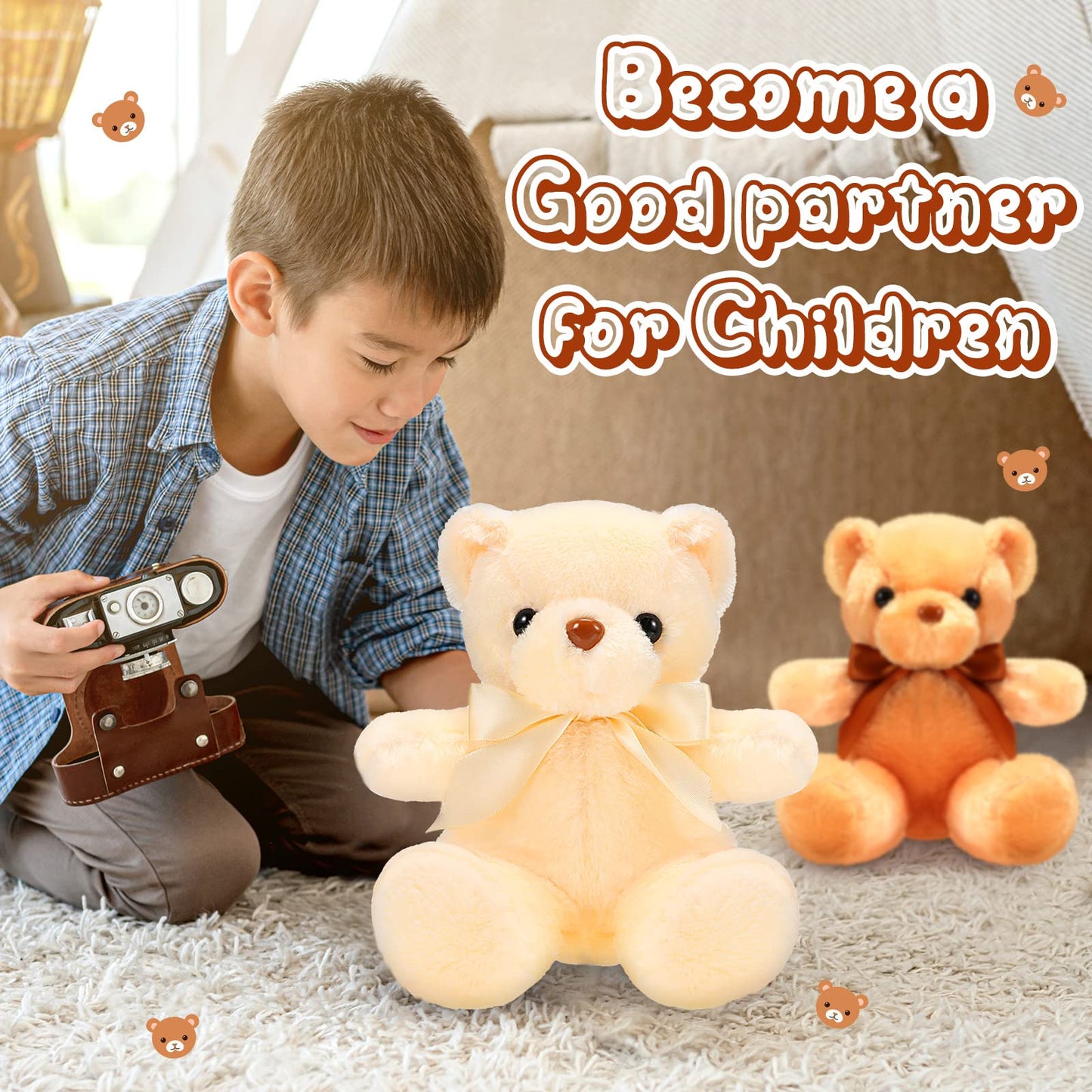 HyDren 6 Pcs Bear Stuffed Animal Plush Toys Soft Plush Dolls Bear Sleeping and Playing Toys for Baby Shower Decoration Boy(Fuzzy Style,Brown)