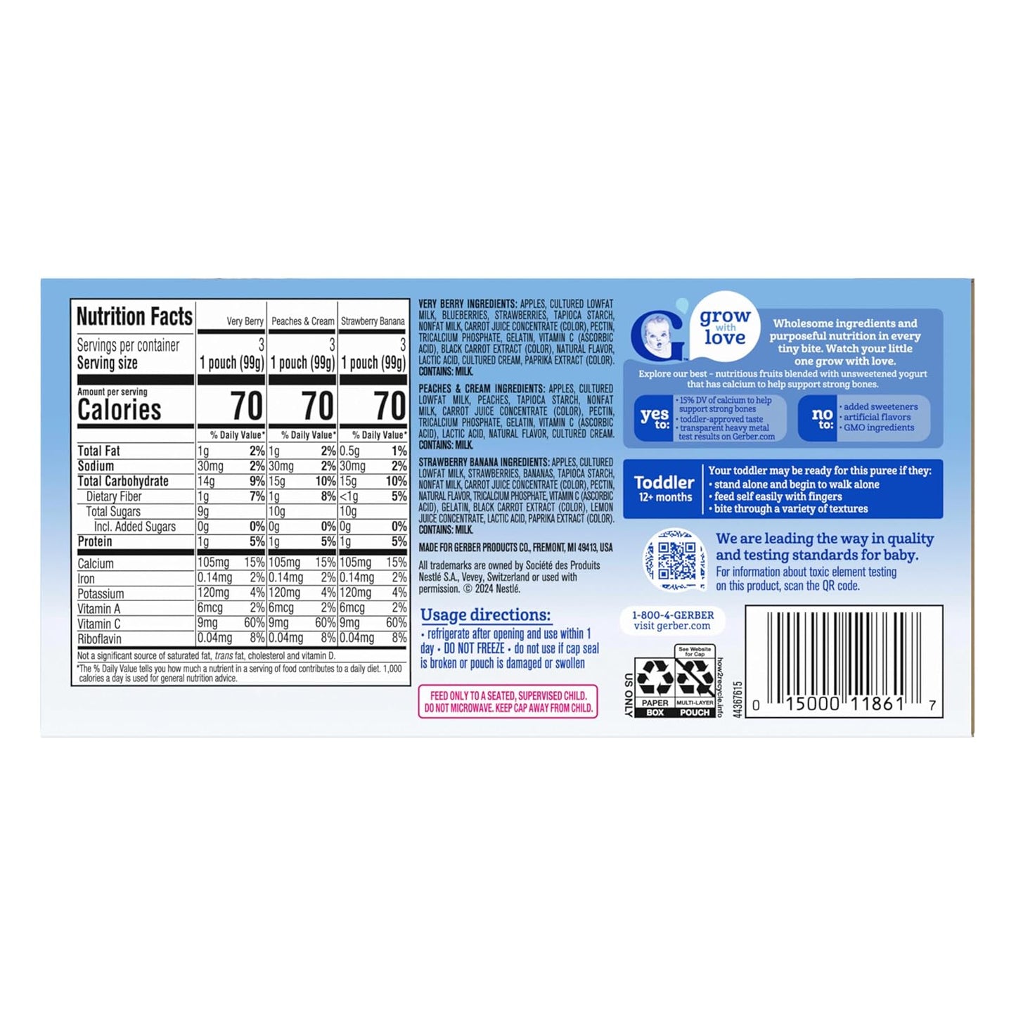Gerber Baby Food Pouches, Very Berry (3), Peaches & Cream (2), Strawberry Banana (2), Value Pack, Fruit and Yogurt, Toddler, (3.5 oz each), (Pack of 9)