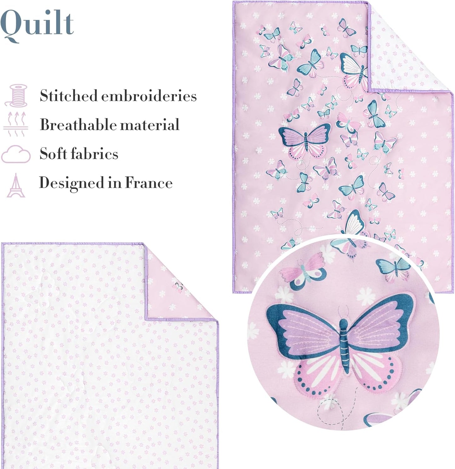 Butterfly Crib Bedding Set for Girls - 5 Pieces Including Baby Girl Blanket, 2 Crib Sheets, Crib Skirt, and Purple Butterfly Wall Sticker - White & Pink - Butterfly Nursery Decor