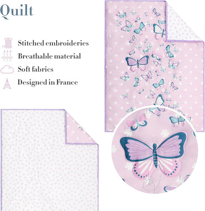 Butterfly Crib Bedding Set for Girls - 5 Pieces Including Baby Girl Blanket, 2 Crib Sheets, Crib Skirt, and Purple Butterfly Wall Sticker - White & Pink - Butterfly Nursery Decor