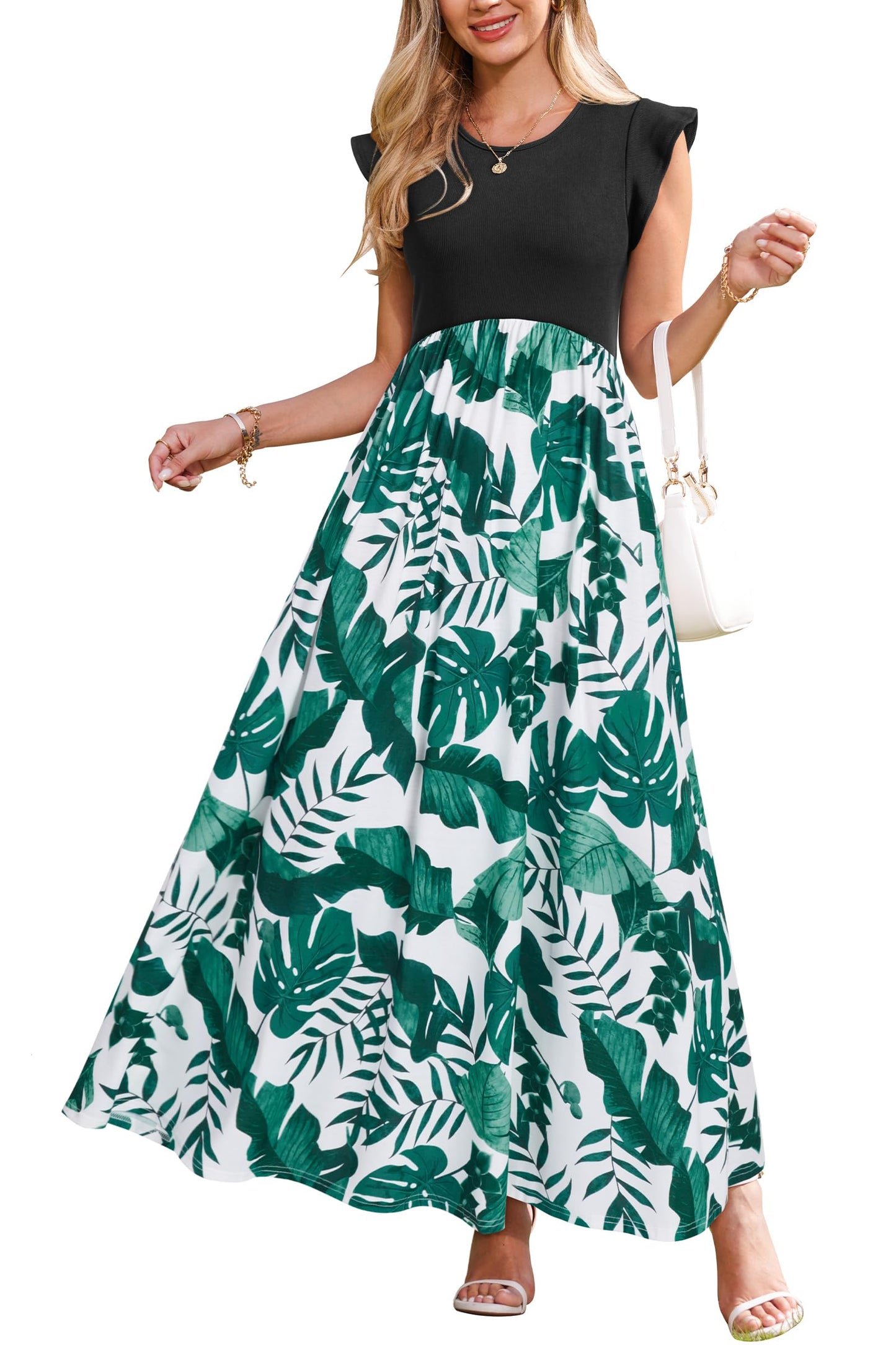 OUGES Women 2025 Spring Summer Dresses Maternity Sleeveless Ribbed Fashion Casual Outfits Maxi Dress with Pockets