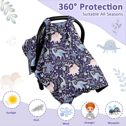 Baby Car Seat Cover, Breathable Infant Carseat Cover for Summer Peekaboo Opening Car Seat Canopy Cover, Nursing Cover for Baby Boys Girls (Blue Dinosaurs)
