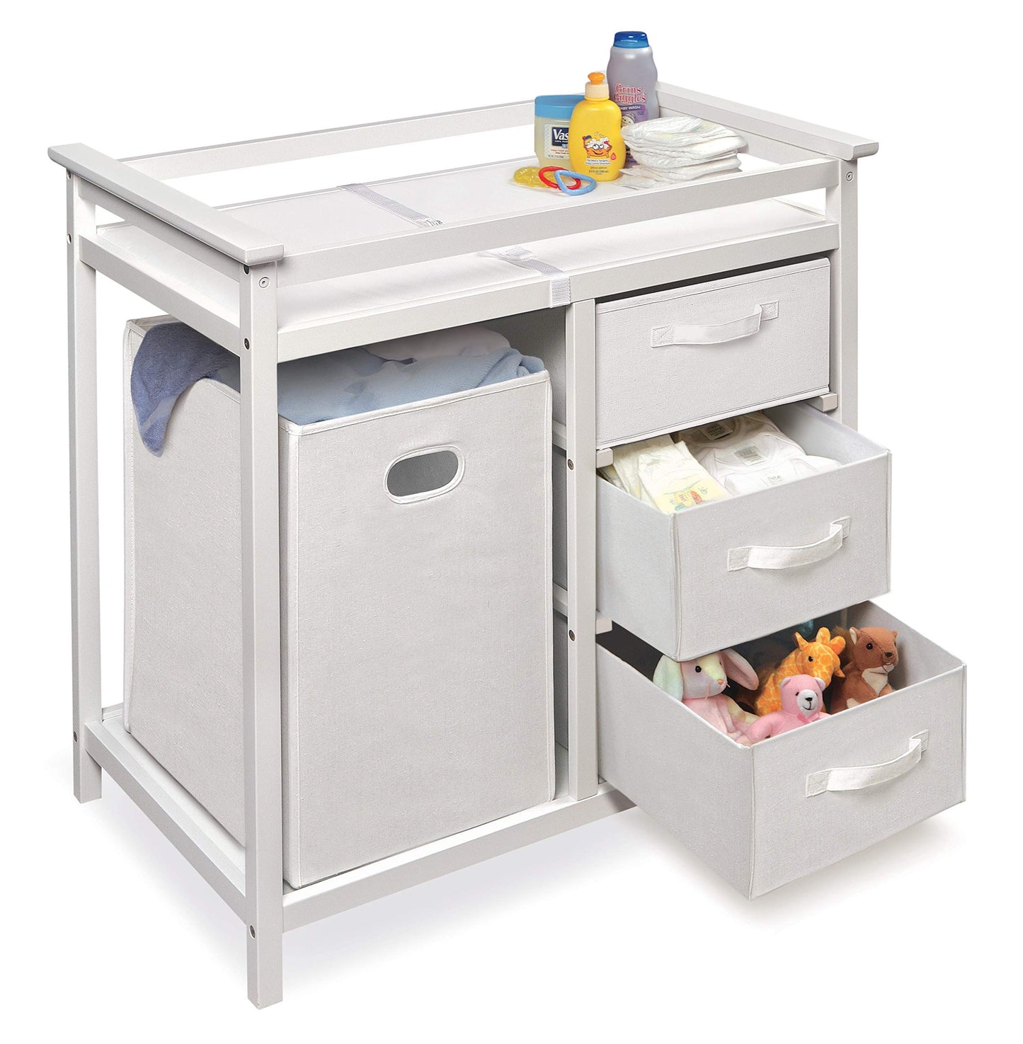 Badger Basket Modern Baby Changing Table - Portable Diaper Station with 3 Drawers Pad & Hamper - Storage Organizer for Baby Clothes, Diapers & Toys - Fresh White/White (34.25 x 20.75 x 34.5)