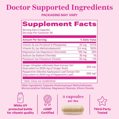 Pink Stork Vitamin B6, Ginger, Electrolyte Capsule - Natural Digestive Support with Peppermint, Potassium, Magnesium - Gentle on The Stomach - Pregnancy, + Motion Sickness Must Haves - 60ct