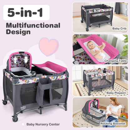 BABY JOY 5 in 1 Pack and Play, Portable Baby Playard w/Bassinet & Diaper Changing Table, Infant Pink Bassinet Crib with Toys & Music & Oxford Bag for Baby Girl Toddlers (Pink + Purple, Starry Sky)