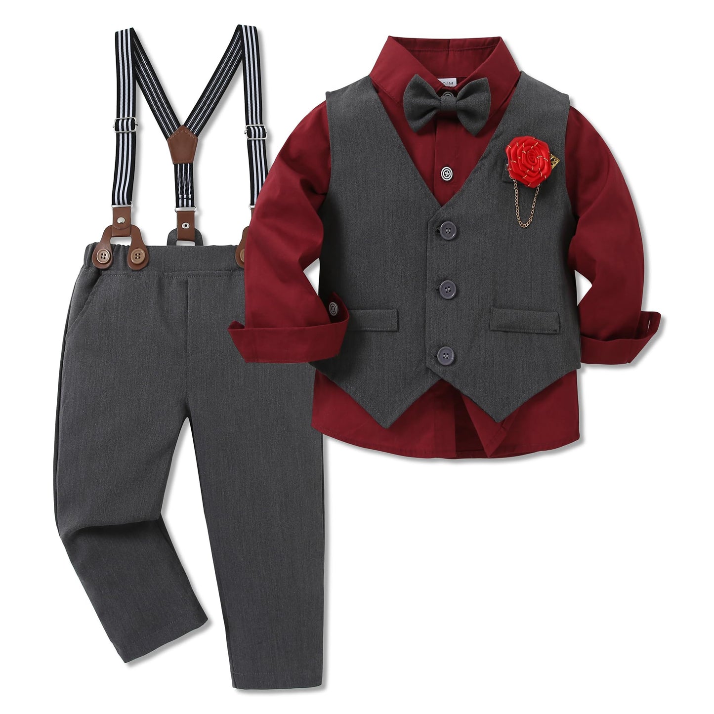 WESIDOM Toddler Boy Clothes Suit Formal Dress Shirt+Bowtie+Vest+Boutonniere+Suspender Pants Boys Gentleman Outfits Set