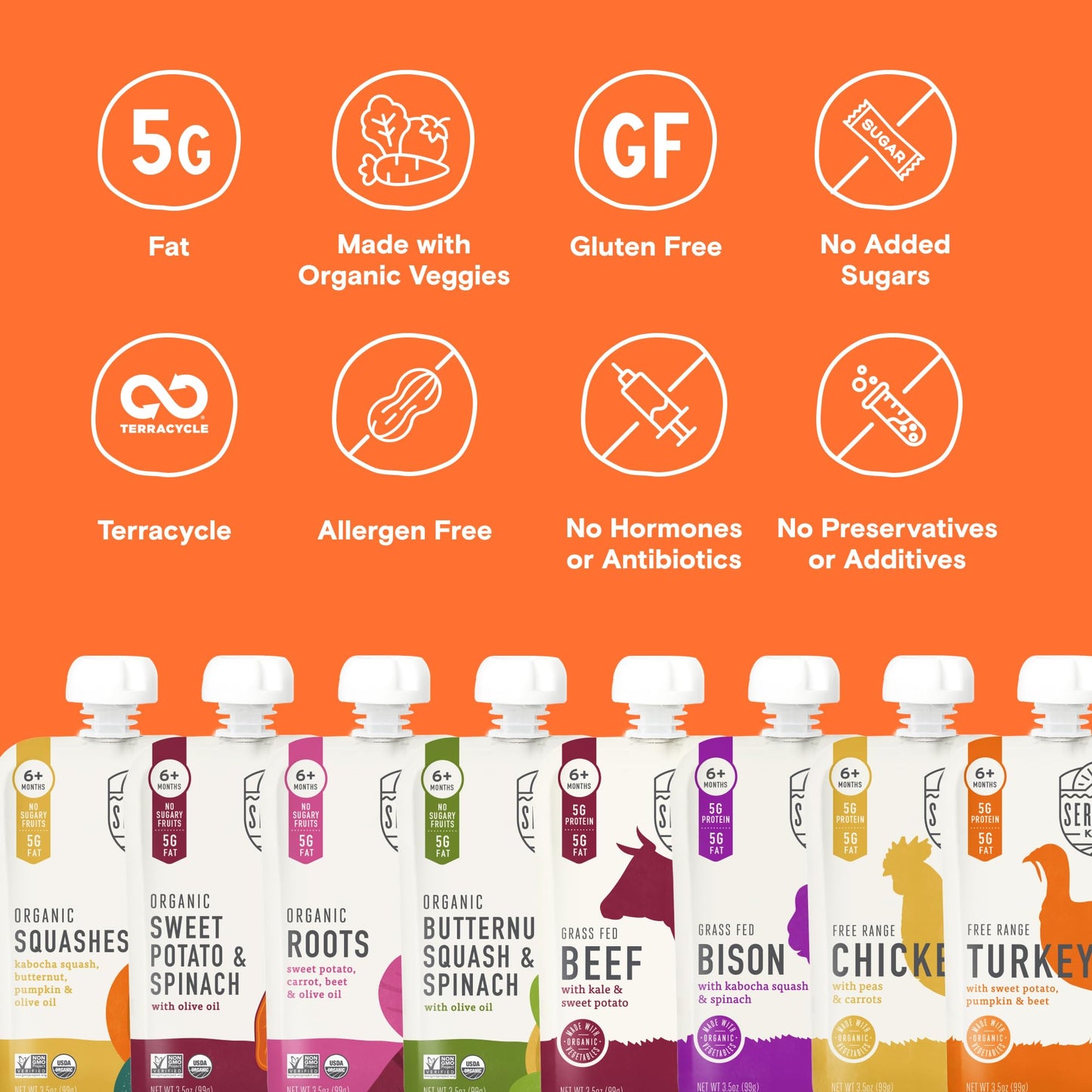 Serenity Kids 6+ Months Baby Food Pouches - Puree with Ethically Sourced Meat & Organic Veggies - 3.5 Ounce BPA-Free Pouch - Variety Pack, 8 Count - Baby Food Meat