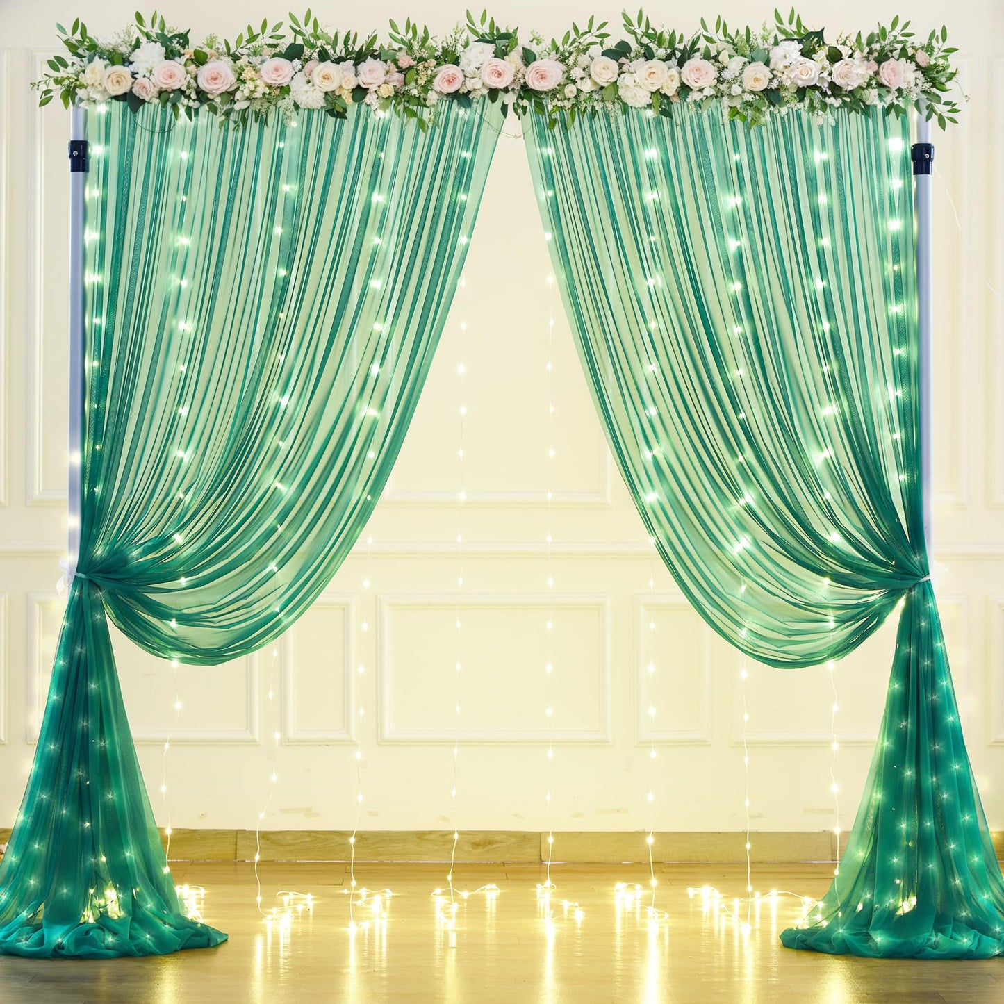 White Tulle Backdrop Curtain with Lights String for Parites 10×8ft Sheer Backdrop Curtains White Curtain Backdrop for Wedding Baby Shower Birthday Party Photo Shoot Decorations(2 Panels 10ft×8ft)