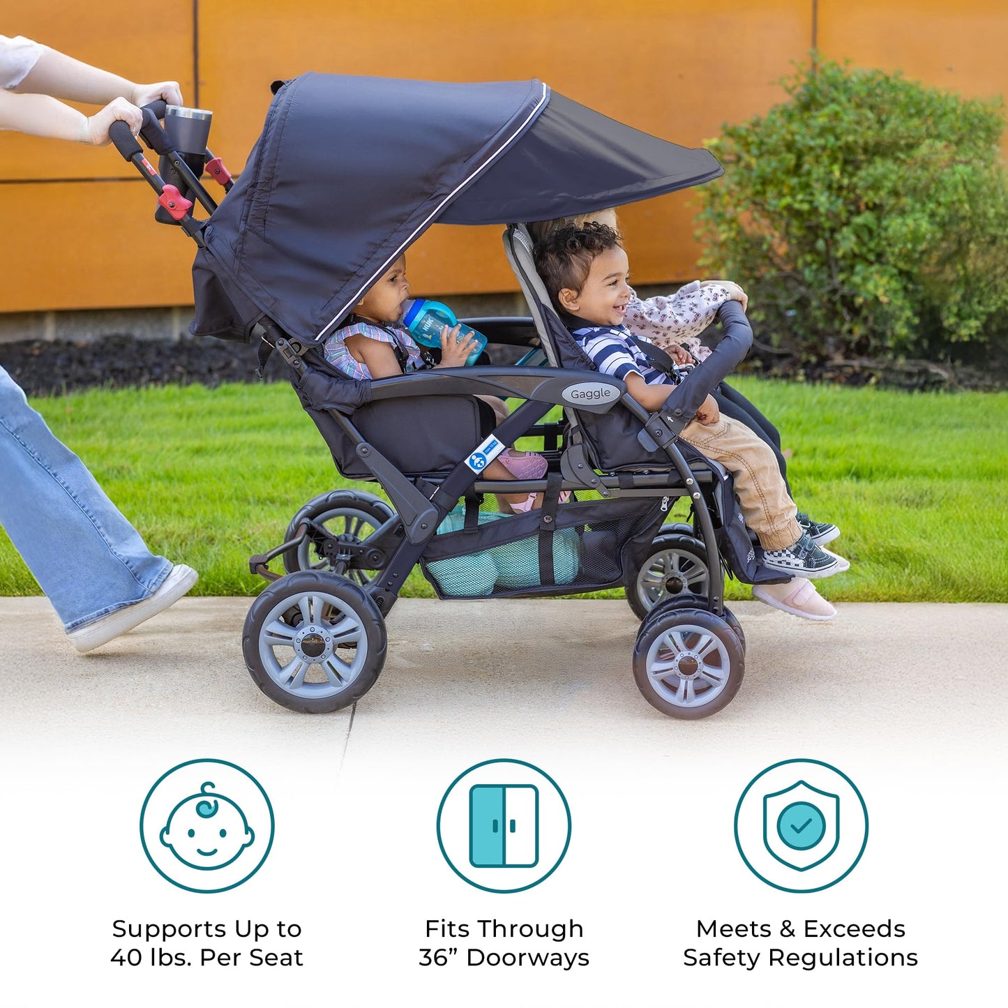 Gaggle by Foundations Compass Quad 4 Seat Stroller | 4-Seat Stroller for Daycare | Oversized UV Blocking Canopy | 5-Point Harness | Easy Loading | Storage Bucket | Black