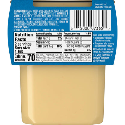 Gerber Baby Food 2nd Foods, Mixed Cereal, Pears & Cinnamon with Oatmeal Puree, 4 Ounce Tubs, 2-Pack (Pack of 8)