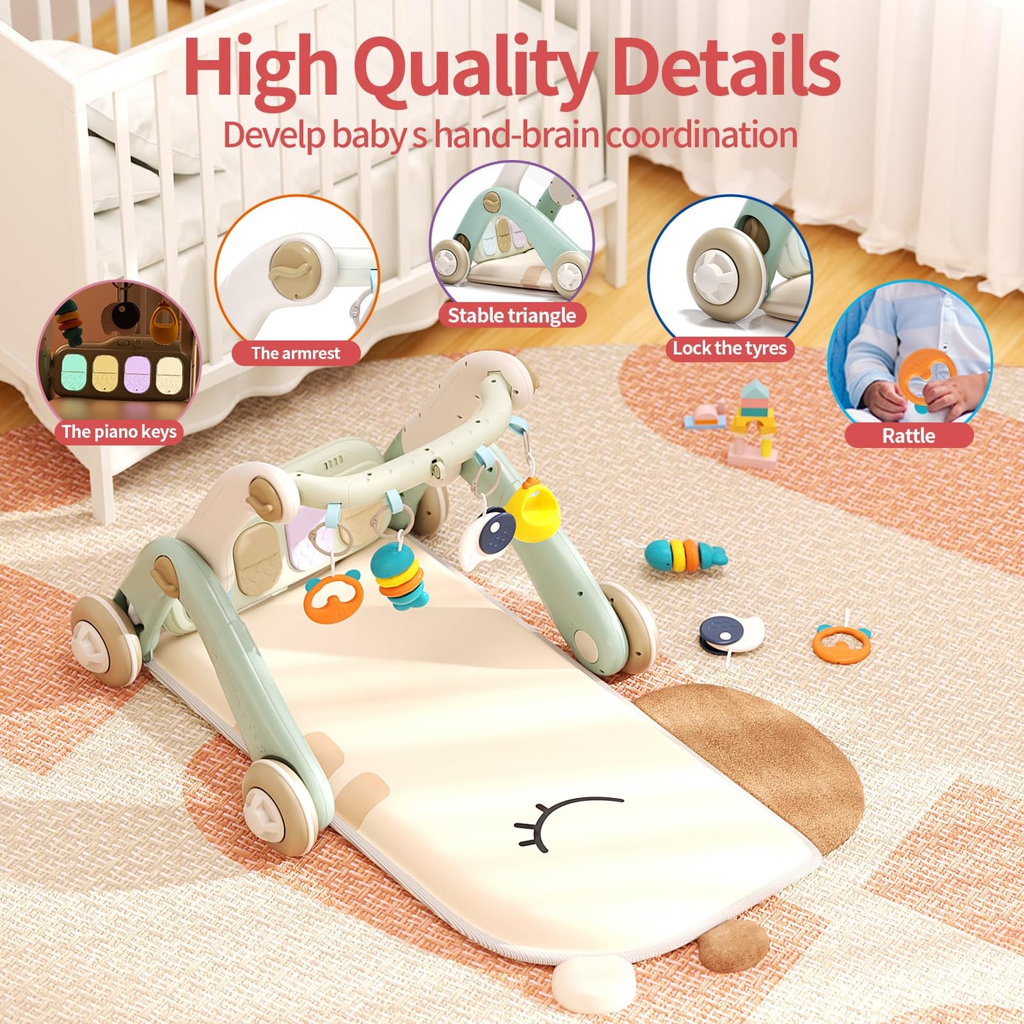 2 in 1 Baby Gym with Walker,Baby Play Mat with 4 Infant Learning Sensory,Double-Sided Multifunctional Removable Play Piano Panel,Sit-to-Stand Learning Walker for 0-24 Months Boy Girl [White]