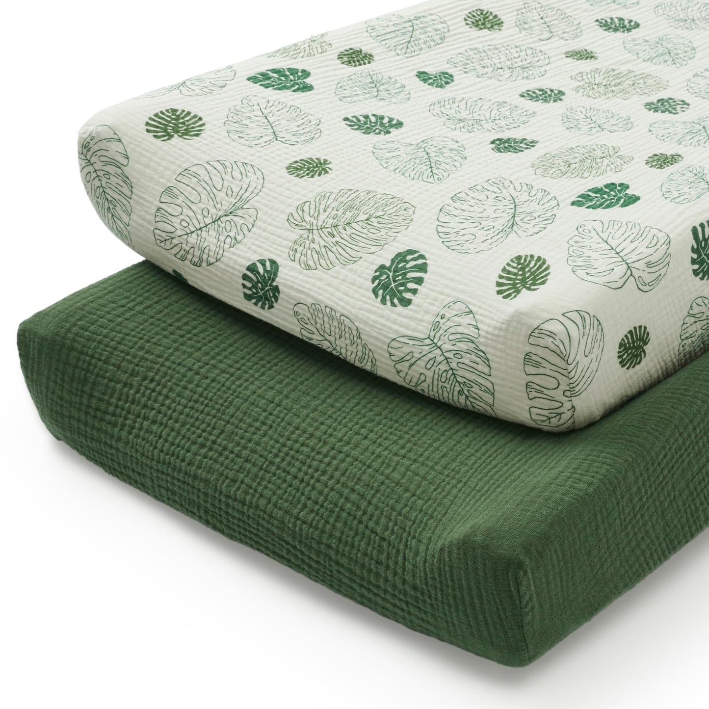 Blissful Diary Muslin Changing Pad Cover for Girls Boys, Ultra Soft Breathable Cotton, Baby Diaper Change Table Pad Covers, 2Pack (Roman Green&Leaf)