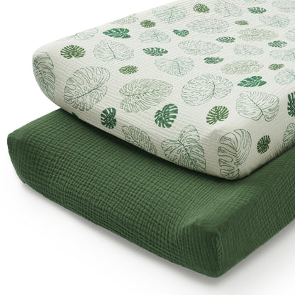 Blissful Diary Muslin Changing Pad Cover for Girls Boys, Ultra Soft Breathable Cotton, Baby Diaper Change Table Pad Covers, 2Pack (Roman Green&Leaf)