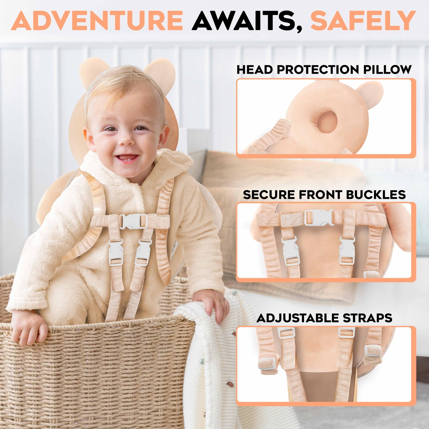 100% Cotton Non-Toxic Hypoallergenic Baby Backpack Head Protection Pillow, Full Head Coverage, Baby Head Pillow for Falling, Secure, Durable, Fox (Orange)