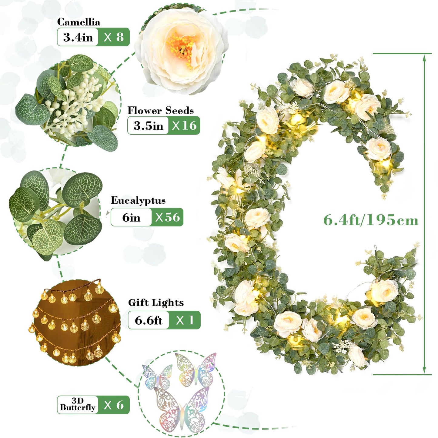 Yastouay 6.4 Ft Fuller Artificial Eucalyptus Garland with Champagne Flowers Fake Rose Vine for Table Centerpiece Wedding Baby Shower Party Room Backdrop Decor