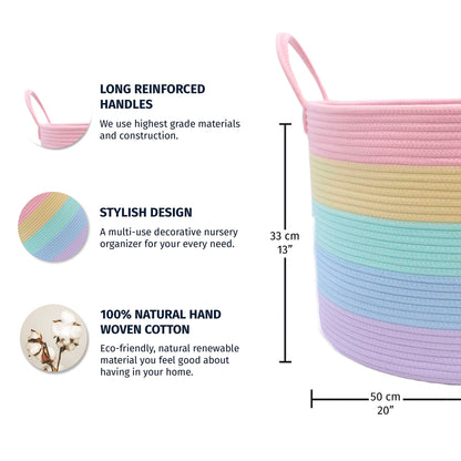 OrganiHaus Large Blanket Basket for Living Room 20x13, Rainbow Rope Basket for Classroom Organization, Toy Storage Basket, Woven Kids Laundry Basket, Baby Toy Box, Cute Storage Basket, Nursery Hamper