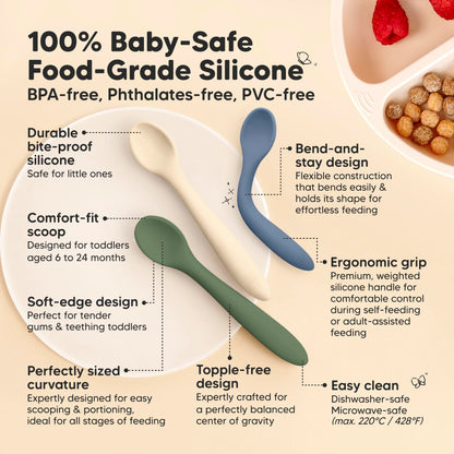KeaBabies Silicone Baby Spoons, Self Feeding 6-12 months - 3-Pack Baby Weaning Eating Utensils, Toddler First Food Training Spoon, Infant, Kids Feeding Supplies Essential Set, Dishwasher-safe (Slate)
