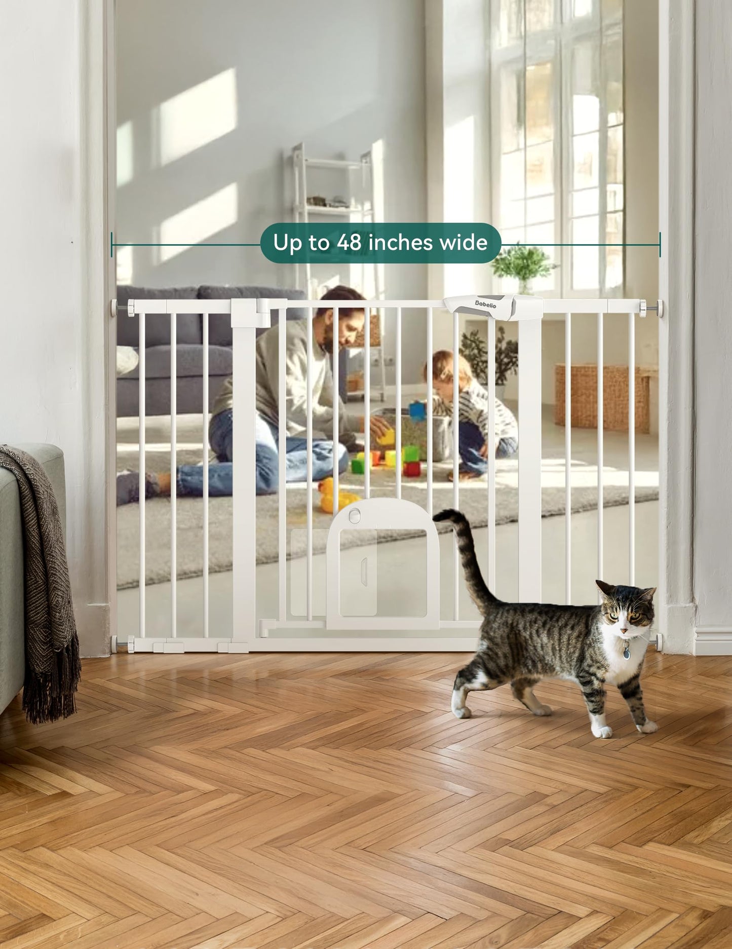 Babelio Upgraded Baby Gate with Cat Door, 29-43" Auto Close Durable Dog Gate for Stairs, Doorways and House, Easy Walk Thru Safety Gate with Pet Door Includes 4 Wall Cups, Black