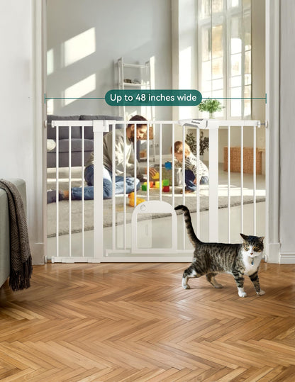 Babelio Upgraded Baby Gate with Cat Door, 29-43" Auto Close Durable Dog Gate for Stairs, Doorways and House, Easy Walk Thru Safety Gate with Pet Door Includes 4 Wall Cups, Black