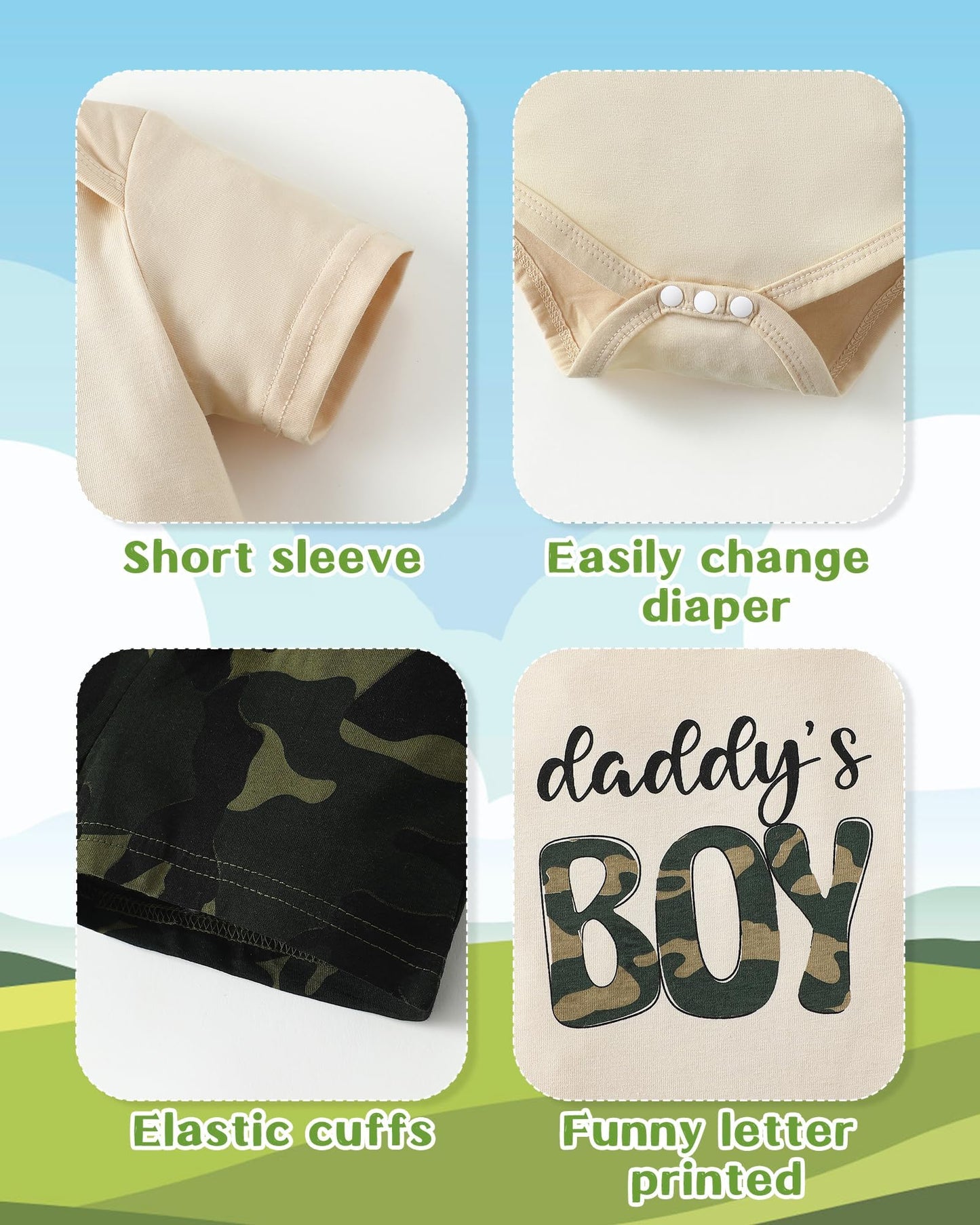 NZRVAWS Newborn Baby Boy Clothes Letter Printed Romper Shorts Summer Infant Outfits Camo Clothing Set 0 3 6 9 12 Months