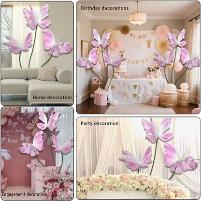 3Pcs Giant Silk Butterfly Decorations, Large Butterflys Decoration with Standing Base, for Wedding Ceremony Birthday Party Baby Shower Church Backdrop Decoration Home Decor (Pink)