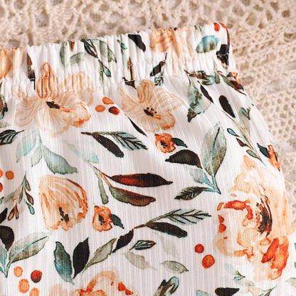 Toddler Baby Girl Boho Outfits Floral Ruffle Rib Sleeveless Halter Tops Bell Bottom 2Pcs Kids Summer Clothes Set