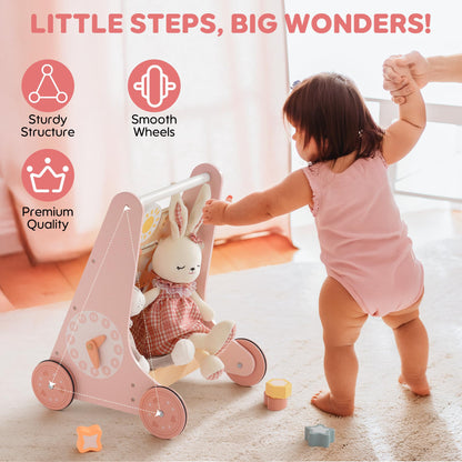 ROBUD Wooden Baby Walker, Baby Push Walker with Activity Center and Storage, Montessori Walker Toy for Boys and Girls Learning to Stand and Walk, Pink
