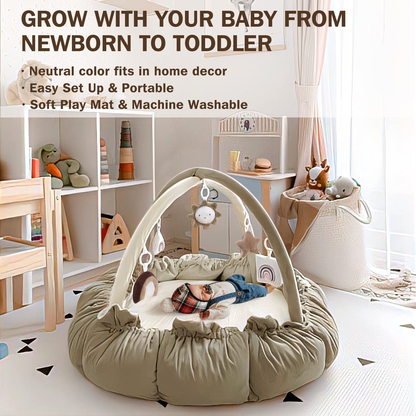 HAN-MM 5-in-1 Convertible Baby Play Gym with 6 Toys, Tummy Time Mat for Sensory Development, Baby Activity Center from Newborn to Toddler, Ball Pit, Cat & Dog Bed, Soft Plush Pet Bed, Pink